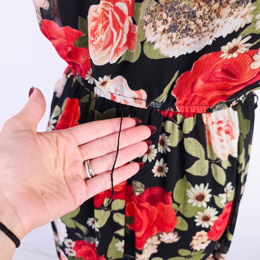 Disney Beauty Beast Maxi Dress S Black Floral Wrap Tie Cottage Romantic Feminine - Picture 10 of 16